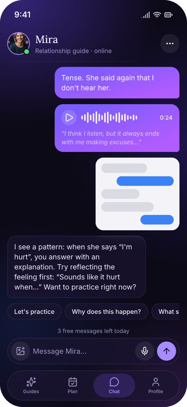 Chat with Mira: she spots a pattern and offers to practice a better reply