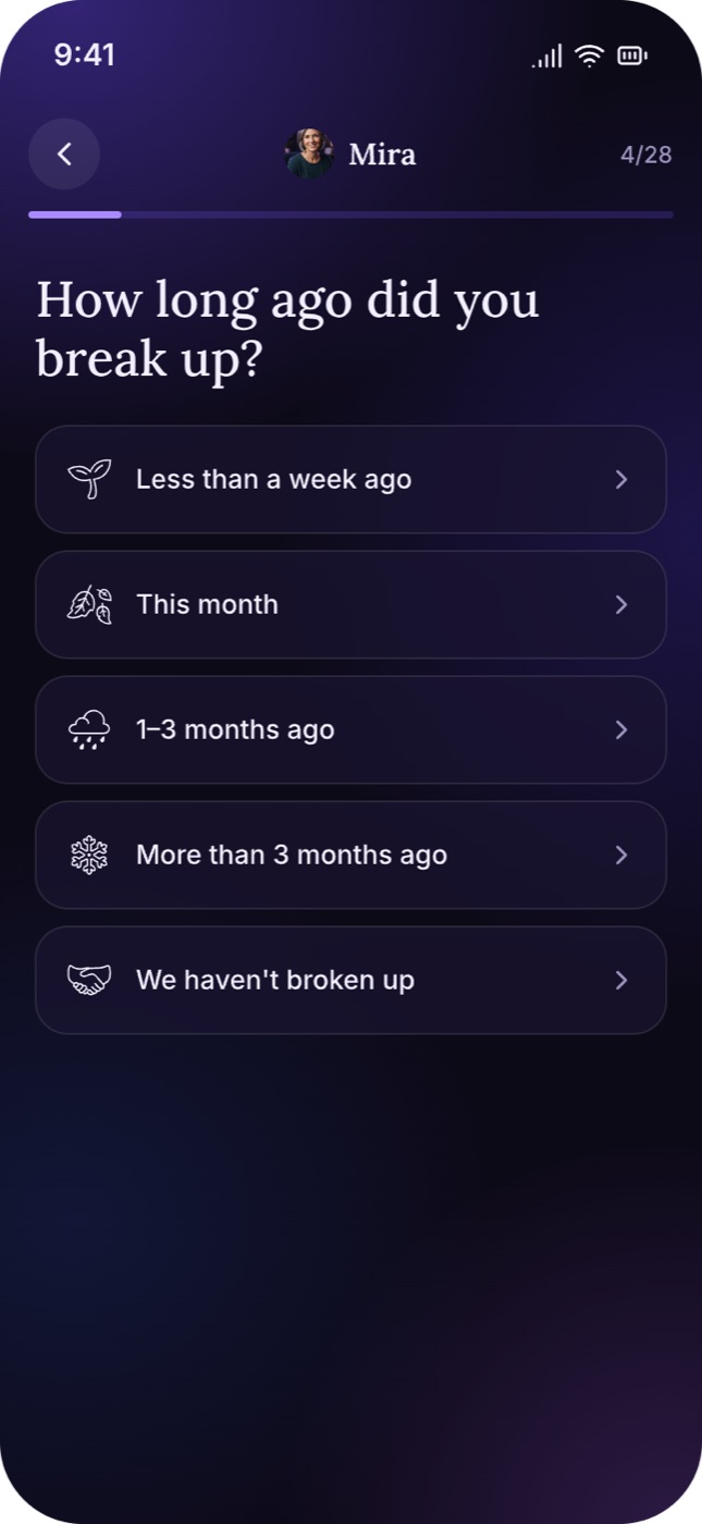 Quiz screen: “How long ago did you break up?” with answer options